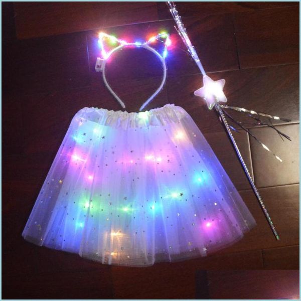 Décoration De Fête De Noël Fille Enfants Néon Led Tutu Jupe Stage Dance Wear Layered Tle Light Up Robe Courte Pour 2-8 Ans Cat Drop Dht8H