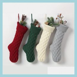 Décoration de fête Bas tricotés de Noël Décor Festival Sac cadeau Cheminée Arbre de Noël Ornements suspendus Chaussettes de bonbons Rouge Vert Whi Dhh4K