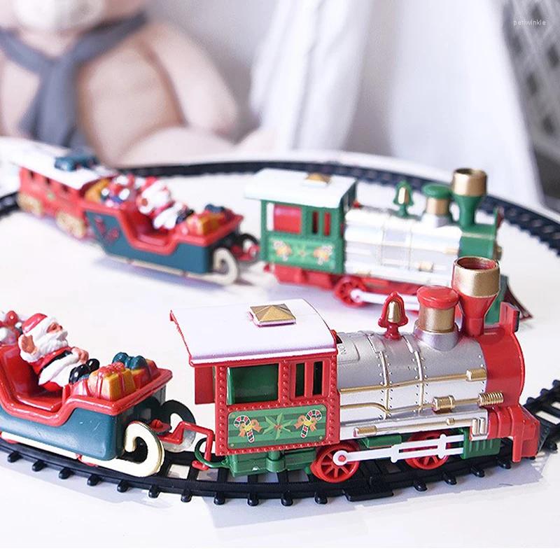 Decorazione per feste Treno di Natale Giocattoli elettrici Telaio per binari ad albero Vagone ferroviario con regali di Natale su rotaia SoundLight