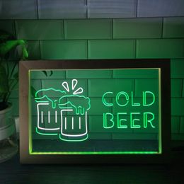 Party Decoratie Cold Beer Bar Pub Club Open LED NEON SPOOCT PO frame Creatieve tafellamp Bedroom Bureau Wood 3d Night Light
