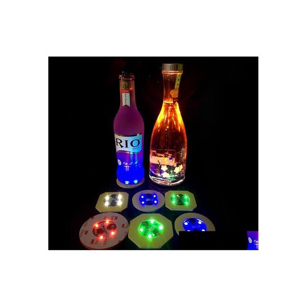 Décoration de fête Colorf Round Coasters Remplaçable Batterie Led Light Up Bouteille Autocollants Mode Coupe Bas Autocollant Sn1011 Drop Deliv Dhqwn