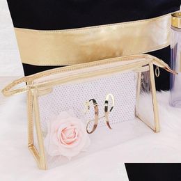 Decoración del partido Bolsa de cosméticos impermeable transparente personalizada Ideas de regalo de dama de honor Propuesta Mujeres Bolsa de viaje de tocador transparente Gota Del Dhx2G