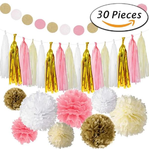 Kit de decoración de fiesta, 30 Uds., suministros dorados y rosas, incluyendo pompones de papel, flores, guirnalda de borlas de tejido para decoración