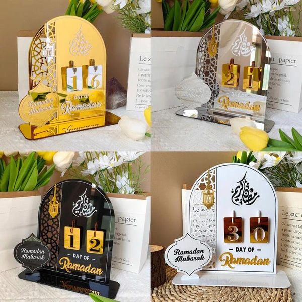 Decoración de fiesta DIY Ramadán Cuenta atrás Calendario Regalos Acrílico Espejo Día Mubarak Decoración Número de reemplazo Islámico de Base W Q0L6