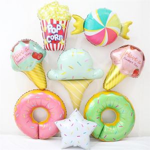 Decoración de fiesta Donuts Caramelo Helado Palomitas de maíz Globos de aluminio Baby Shower Feliz cumpleaños Decoraciones Inflable Helio Dulce Niños 293f