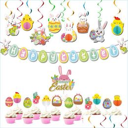 Decoración de fiesta Decoraciones de Pascua para el hogar Remolino Banner Adornos de huevo Cake Topper Happy Kids Juguetes Suministros Entrega de la gota 2021 Garde Dh7Jh