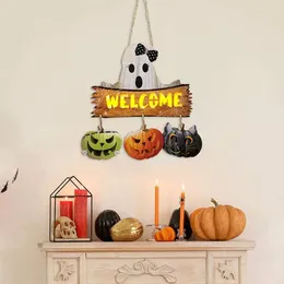 Decoración de fiesta fácil de colgar Halloween Señal de madera de madera que colgaba con letreros de puerta LED espeluznante fantasma de calabaza para interiores