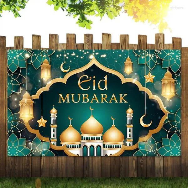 Décoration de fête Eid Hang Sign Green Festival Lights Castle Background rideau 70,87 x 45,28 pouces décorations de toile de fond heureuses