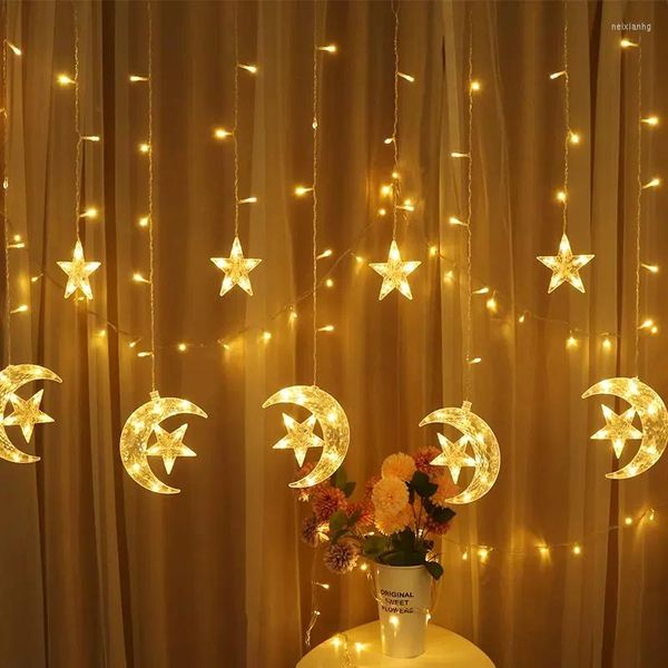 Decoración de fiesta EID Mubarak Star Moon Light String Interior LED Cortina Lámpara Ventana Garland Hada para el hogar Islámico Musulmán Ramadán