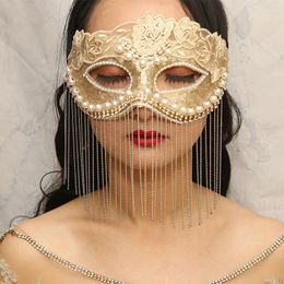 Décoration de fête européenne et américaine Champagne dentelle rétro élégant masque mystérieux gland visage couverture mascarade Halloween carnaval