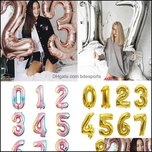 Décoration de fête Fournitures d'événement Festive Home Garden 32Inch Number Aluminium Foil Balloons Rose Gold Sier Chiffre Figure Ballon Enfant Adt Bir