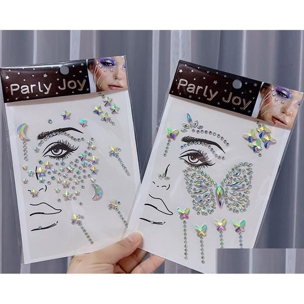 Decoración de fiesta Cara Gemas Tatuaje Temporal Pegatinas Autoadhesivo Acrílico Cristal Cuerpo Brillo Etiqueta DIY Arte Joyas Rhinestone Fo Dhh64