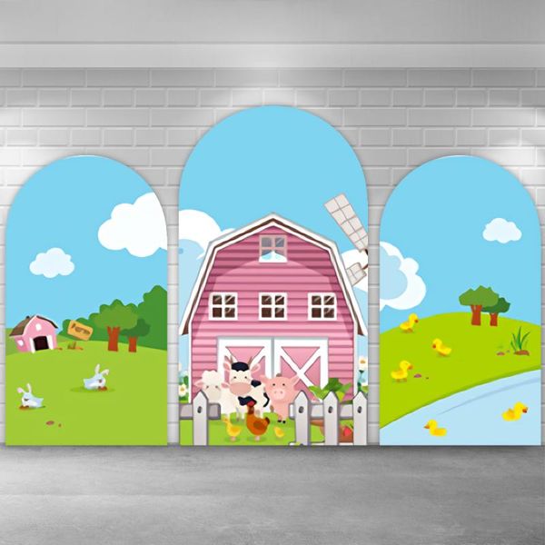Decoración de fiesta Animales de granja Arco Telón de fondo 3 soportes y cubiertas de impresión de doble cara Niños Cumpleaños Baby Shower Fondo Arco StandsPart