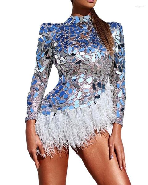 Decoración de fiesta Flashing Silver Lentejuelas Rhinestone Pluma Vestido Bar Pole Dance Traje Mujeres Cumpleaños Celebrar Transparente Corto