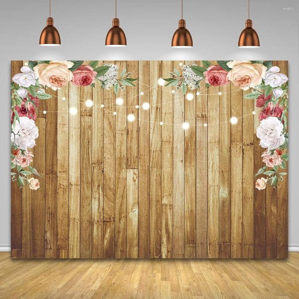 Décoration de fête mur floral brun plancher de bois douche nuptiale Pocall toile de fond filles anniversaire fond bébé bannière baptême