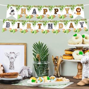 Party Decoration Forest Animal Banner Banner Jungle Safari Kids One 1st Monekey Giraffe Happy Decor Hangingflags