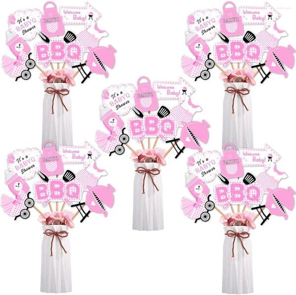 Funmemoir 24 Pièces Centres de Table BBQ Baby Shower Bâtons Décorations pour Fille Rose Q Table Toppers Thème Barbecue