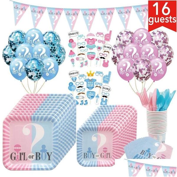 Décoration de fête Sexe Révéler Déco Fournitures Vaisselle jetable Set Rose / Bleu Garçon ou Fille Assiettes En Papier Tasses Pour DIY Baby Shower Dr Dhlvm