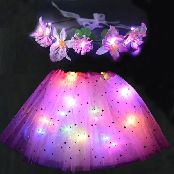 Décoration de fête Fille Femmes Fleur Fée Illuminer Tutu LED Jupe Étoile Glow Bandeau Couronne Cadeau Anniversaire Costumes De Noël HalloweenParty