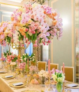 Feestdecoratie glanzende gouden metalen vazen trouwtafel centerpieces diy bloemen rek hoge bloemstandaard voorrang voor gangpad loopbrug t-podium