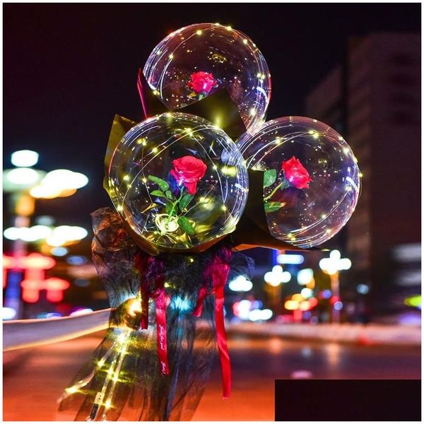 Décoration de fête Glow Ballons de fleurs artificielles Pneumatique Transparent Valentines Rose Ballon Pétale Lampe Étanche Airballoon Fogg Dhr7V