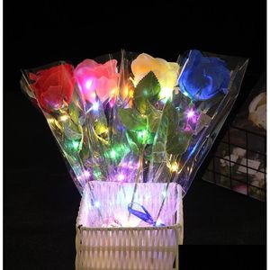 Decoración de fiesta Rosas artificiales brillantes Flores Led Light Up Tallo largo Rosa de seda falsa para Diy Bouquet Centro de mesa Hogar Atmosph Dhrkj