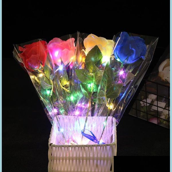 Decoración de fiesta Rosas artificiales que brillan intensamente Flores Led Light Up Long Stem Fake Silk Rose para Diy Bouquet Table Centerpiece Ho Dh6Cl