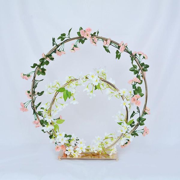 Decoración de fiesta oro blanco doble poste arco de boda hierro Metal estable soporte de flores artificiales decoración de fondo anillo redondo ShelfParty