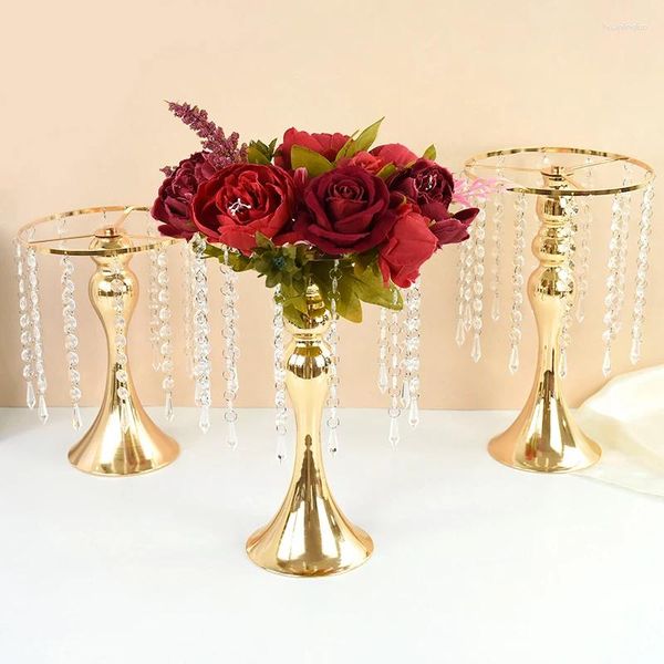 Decoración de fiesta Soporte de flores de cristal dorado Centro de mesa Vela Camino Flores de plomo para decoración de mesa de comedor de boda