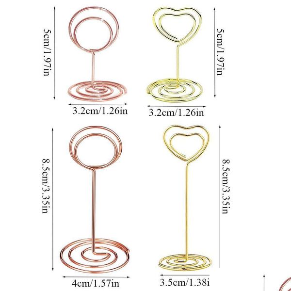 Decoración de fiesta Forma de corazón dorado Soportes de soportes de números de mesa Tarjeta de lugar Clips de menú de papel para decoración de bodas o gota Deliv DHXJN