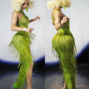 Party Decoration Green Tassels Elastic Prom Dress Rhinestone Dance Outfit Wear Nightclub Show Long Stage