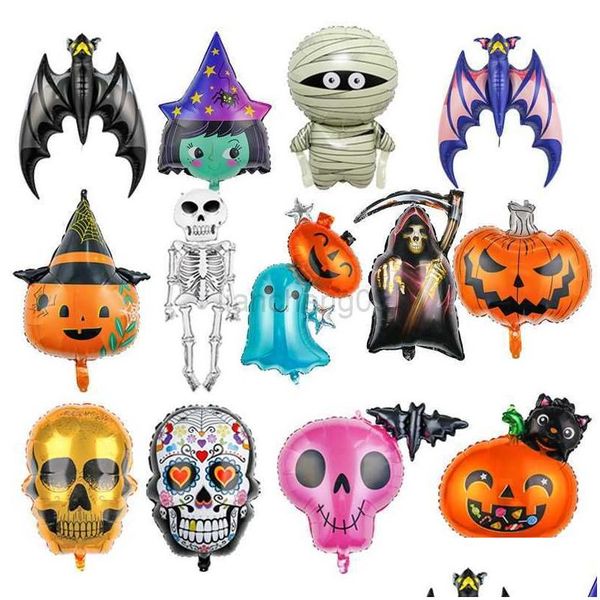 Decoración de fiesta Halloween Película de aluminio Globo Murciélago Fantasma Festival Ballon Calabaza Hoz Bruja Undead Skl Baloon Happy Helloween De Dhocg