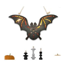 Décoration de fête Halloween Bat Panneau de porte en bois avec chaîne lumineuse LED pour cour avant jardin maison fiable et durable conception nouvelle Dhhlx