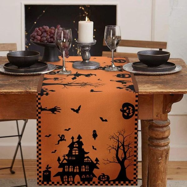 Décoration de fête Halloween Décorations Chemin de table pour la maison Citrouille Bat Drapeau Tissu Nappe Chambre Maison Horreur Décor Effrayant 2024