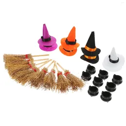 Décoration de fête Halloween Gnome Hat Witch Bucket Set Mini Dolls Chapeaux For Crafts Decor et Broom Tiny Cauldron 8cm