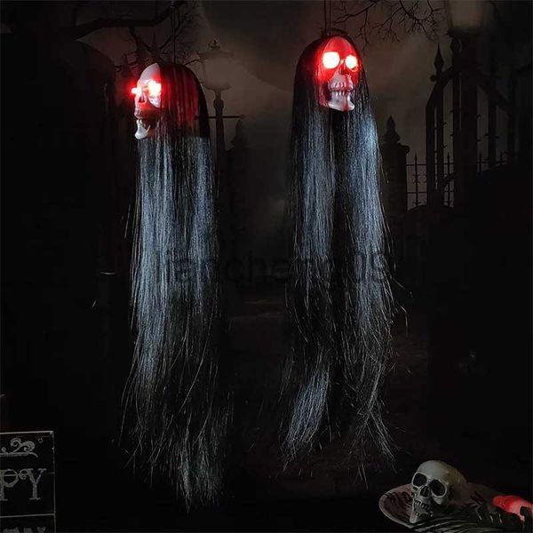 Décoration de fête Halloween suspendu fantôme horreur accessoires LED squelette cheveux longs tête de crâne pendentifs pour fête d'Halloween décor extérieur maison hantée x0905