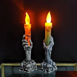 Decoración de fiesta Halloween Luces LED Horror Skl Fantasma Sosteniendo Vela Lámpara Feliz Holloween Para El Hogar Casa Encantada Adornos Drop Del Dhzjp