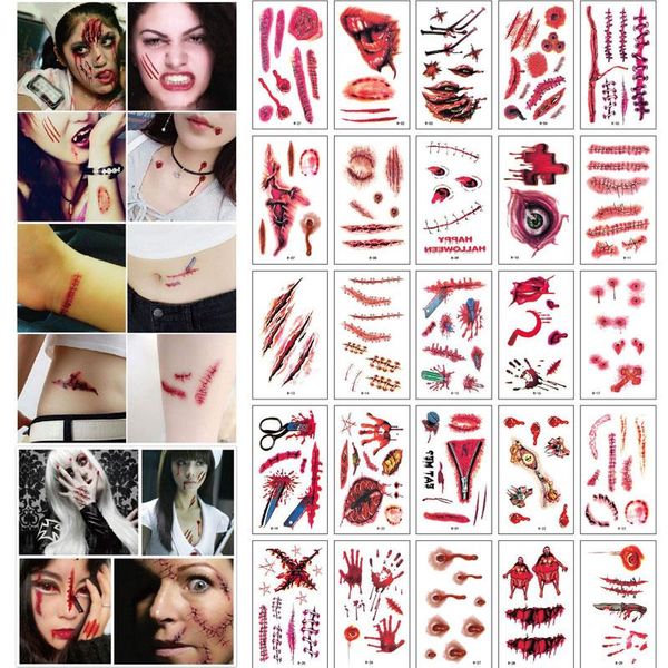 Decoración de la fiesta Halloween LifeLike Fake Fakey Bloody Wound Tattoo Pegatina Asustadiza Impermeable Pegatinas Temporales Horror 30pcs / Set