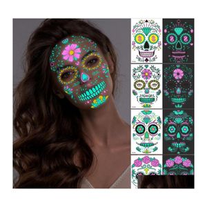 Décoration de fête Halloween Lumineux Tatouage Temporaire Autocollant Maquillage Du Visage Spécial Visage Jour Des Morts Skl Dress Up Cosplay Décor D Dhouj