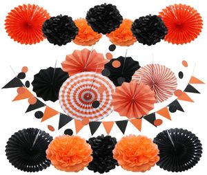 Party Decoration Halloween Set 20pcSet Black and Gold Paping Fans Paper Paper Pompom Triangle Bunting Flags for Happy Birthday 4470603