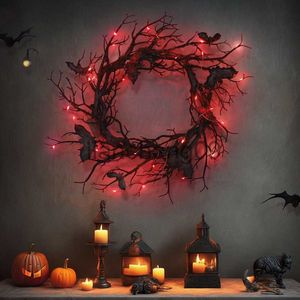 Décoration de fête Couronne d'Halloween Bat Couronnes de branches noires avec lumière LED rouge Couronnes de 45 cm pour portes fenêtre guirlande de fleurs décoration d'Halloween x0905