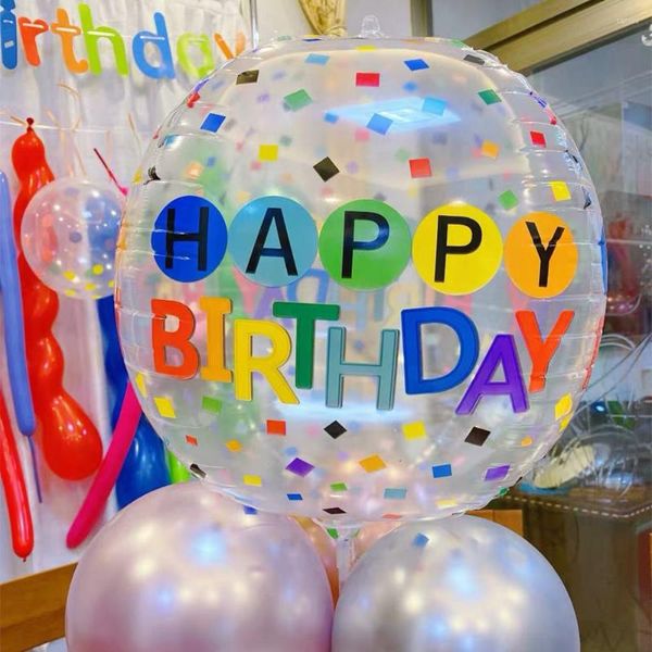 Décoration de fête joyeux anniversaire coloré 4D ballons feuille ronde Balon hélium gonflable bébé douche enfants jouet fournitures Transparent Ballon