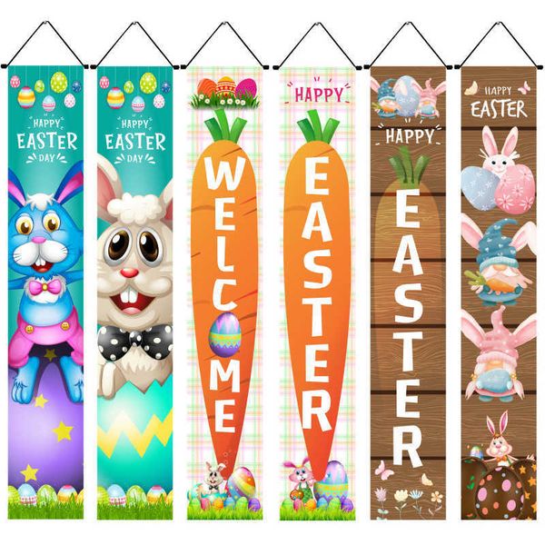 Decoración de fiesta Feliz Pascua Bienvenido Porche Signo Conejito Puerta Colgante Banner Primavera Interior Exterior Hogar Y2302