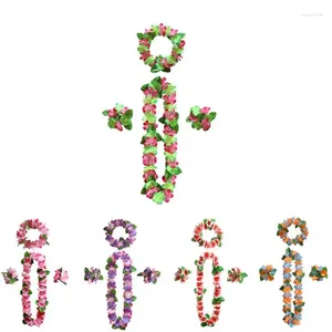 Décoration de fête Hawaii 4pcs / Set Fleur Hawaïenne Casque Leis Collier Bracelets Bandeau Pour Fournitures Luau