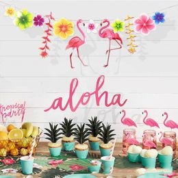 Party Decoratie Hawaiiaanse tropische flamingo bladeren Banner Garland voor meisjes verjaardagsdecoraties papieren bloemen buntingparty