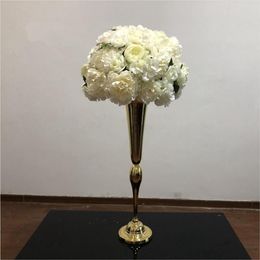 Decoración de fiestas Jarrón de flores de trompeta de oro antiguo de alta calidad para centros de mesa de piso de boda Urnas de metal premium AB0218