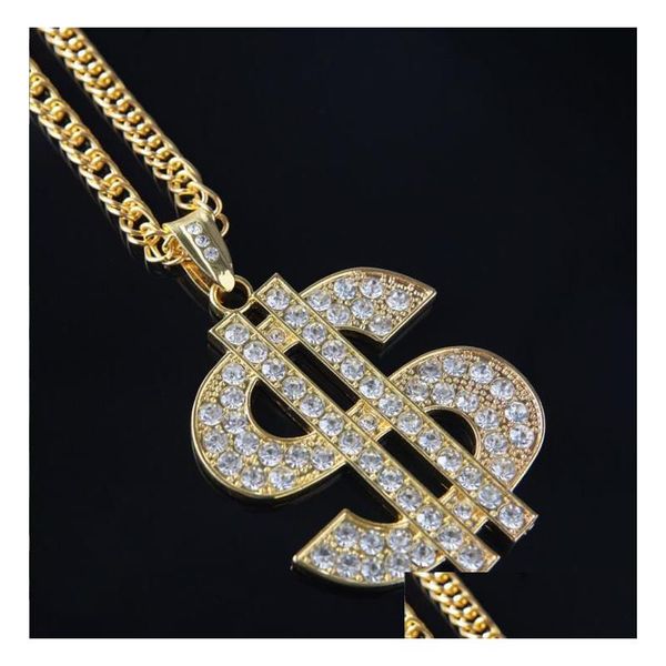 Décoration de fête Hiphopbling Collier de chaîne de signe de dollar en cristal plaqué or 18 carats - 30In Mens Decor avec pendentif Bling Drop Delivery H Dhnwh