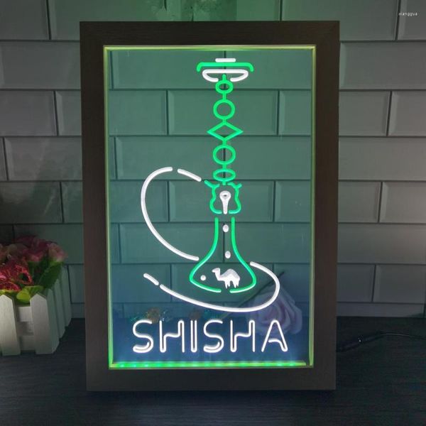 Decoración de fiesta Hookah Shisha Shop Home Room Man Cave Señal de neón LED de doble color Po Frame Dormitorio Escritorio 3D Night Light