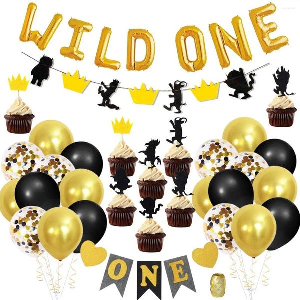Décoration de fête Joymemo Wild One 1er anniversaire Décorations pour garçons avec des ballons en aluminiques bannières de chaise haute et de toppers à cupcakes