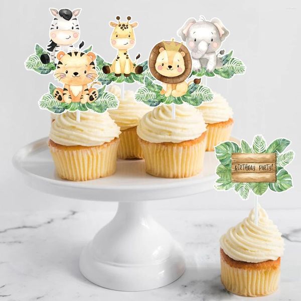 Decoración de fiestas Jungle Animal Cupcake Toppers Decoraciones de feliz cumpleaños Baby Shower Wild One Safari Partysuppil